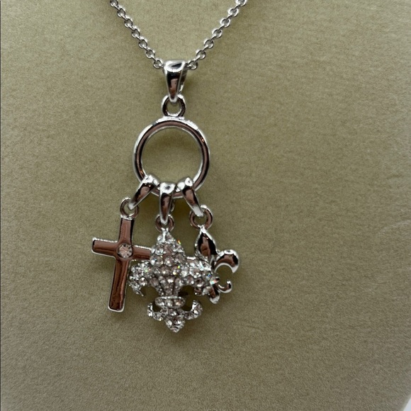 Silver Charm Necklace with Cross and Fleur-de-lis with Rhinestones Necklace - Picture 14 of 14